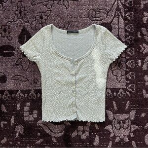 Brandy Melville blue floral button down pointelle cropped tee